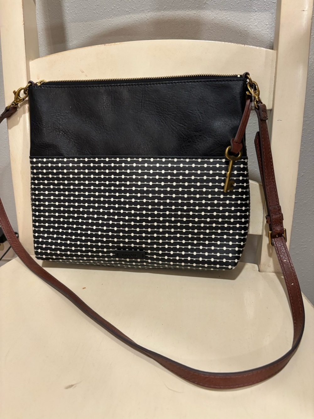 Fossil Crossbody Bag Black Leather Polka Dot Canvas Key Detail Purse
